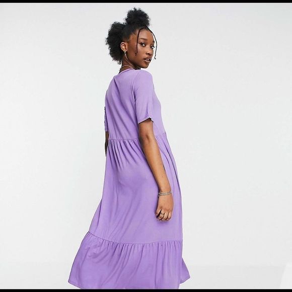 ASOS tiered smock t-shirt midi maxi cotton boho dress purple ash short sleeve -6 - Picture 2 of 16